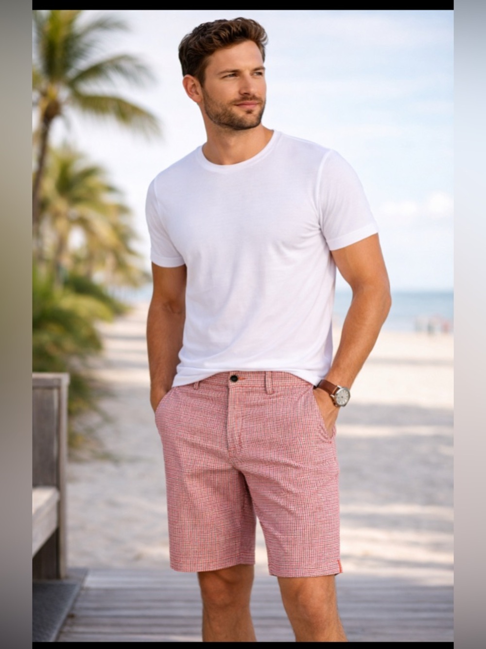 Mens Banana Republic Red Plaid Flat Front Shorts Size 32